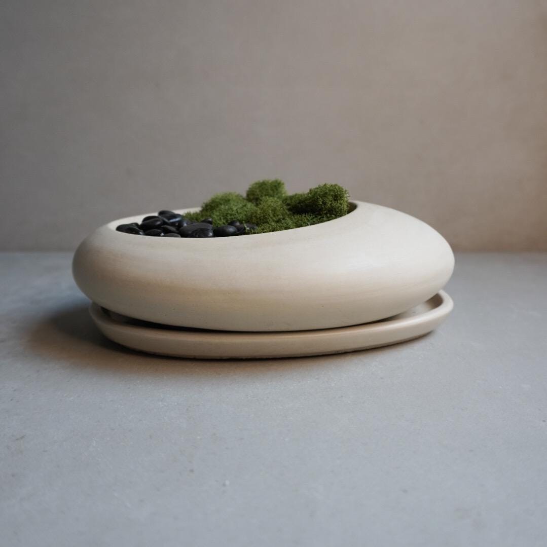Concrete Ikebana Vase | Kokedama Display Vessel, Bonsai Pot with Drainage, Japandi Pot with Saucer, Pebble Pot, Calm Aesthetic, Wabi Sabi