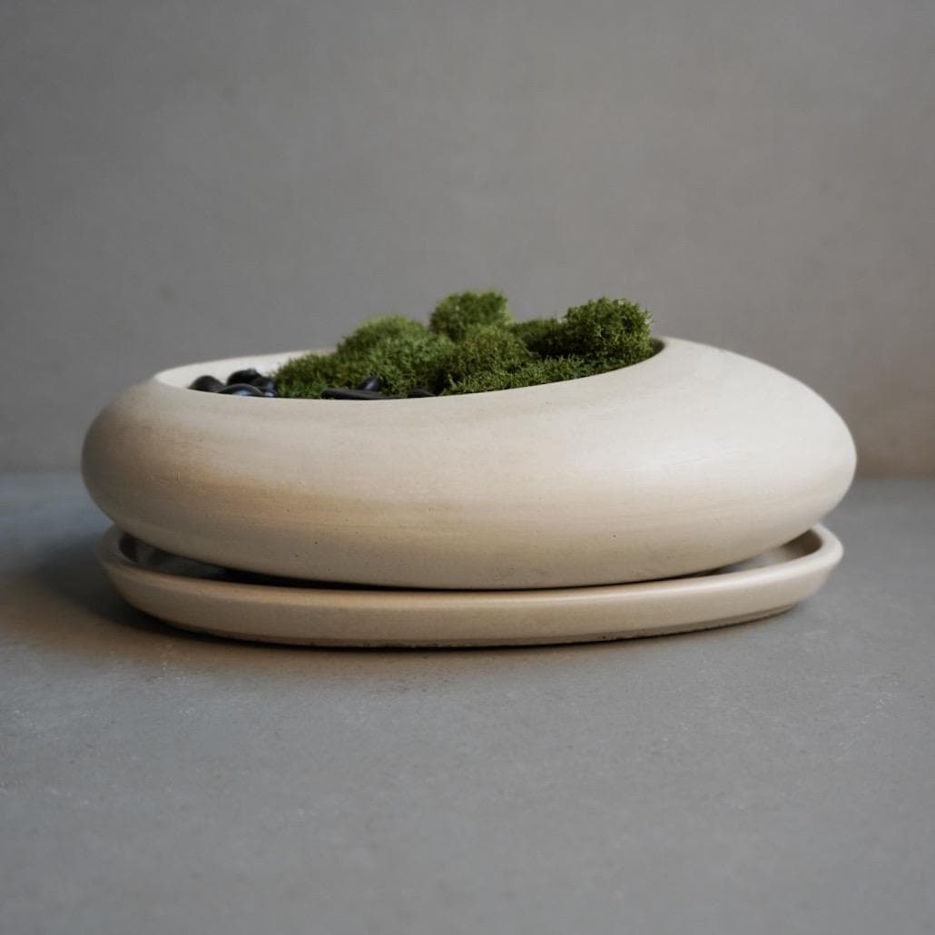 Concrete Ikebana Vase | Kokedama Display Vessel, Bonsai Pot with Drainage, Japandi Pot with Saucer, Pebble Pot, Calm Aesthetic, Wabi Sabi