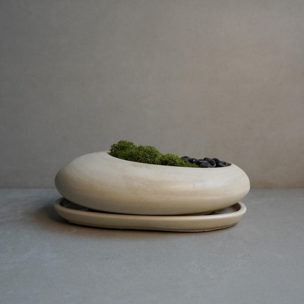Concrete Ikebana Vase | Kokedama Display Vessel, Bonsai Pot with Drainage, Japandi Pot with Saucer, Pebble Pot, Calm Aesthetic, Wabi Sabi
