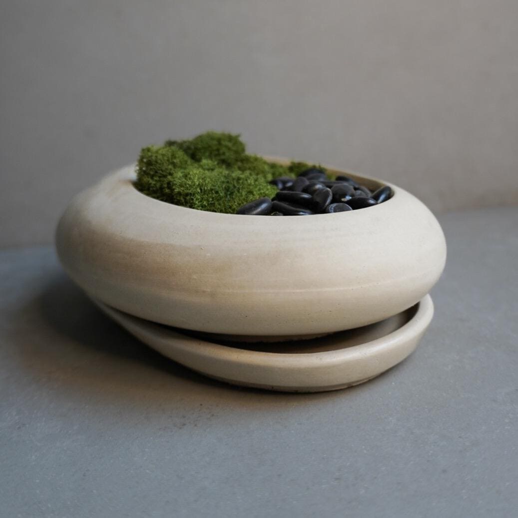 Concrete Ikebana Vase | Kokedama Display Vessel, Bonsai Pot with Drainage, Japandi Pot with Saucer, Pebble Pot, Calm Aesthetic, Wabi Sabi