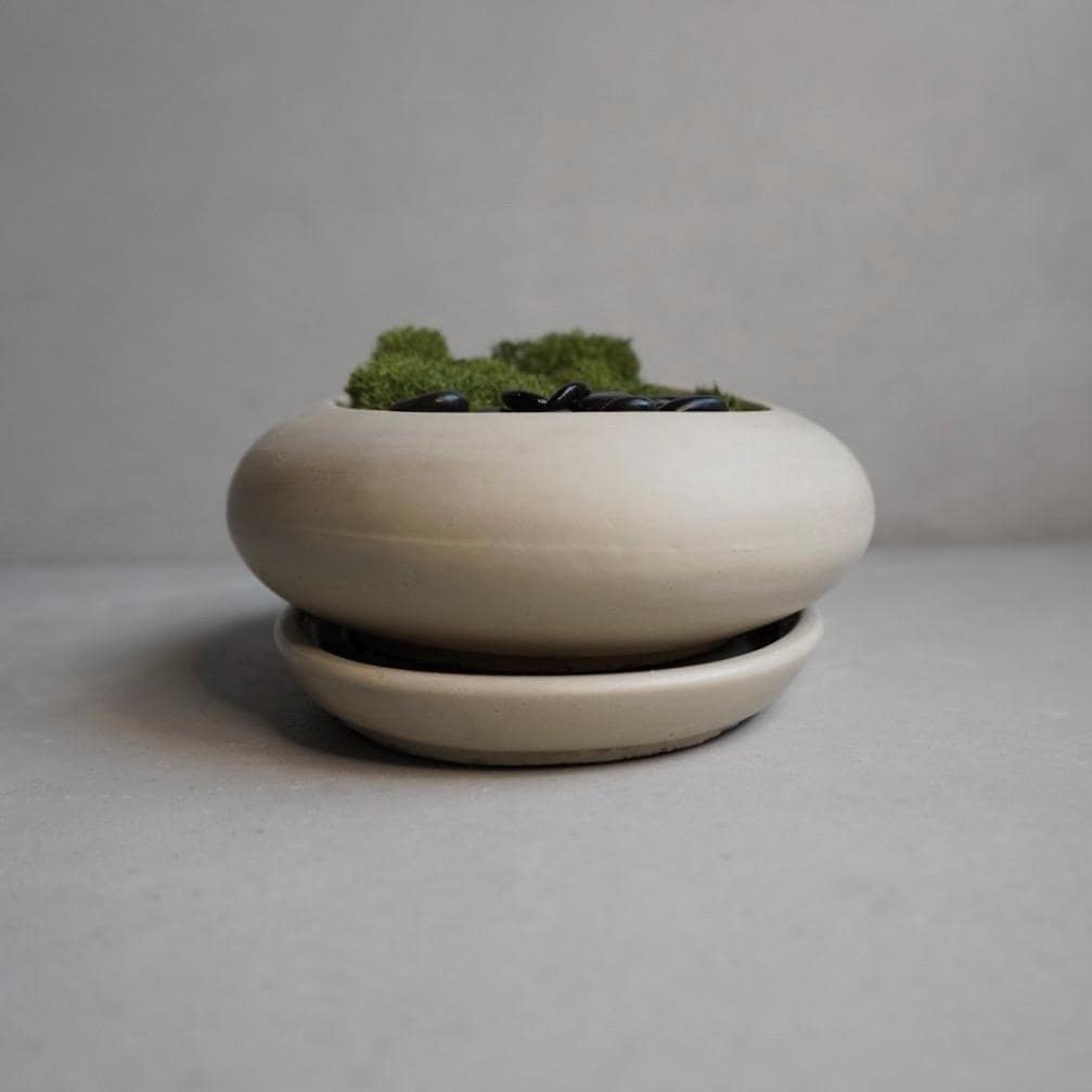 Concrete Ikebana Vase | Kokedama Display Vessel, Bonsai Pot with Drainage, Japandi Pot with Saucer, Pebble Pot, Calm Aesthetic, Wabi Sabi
