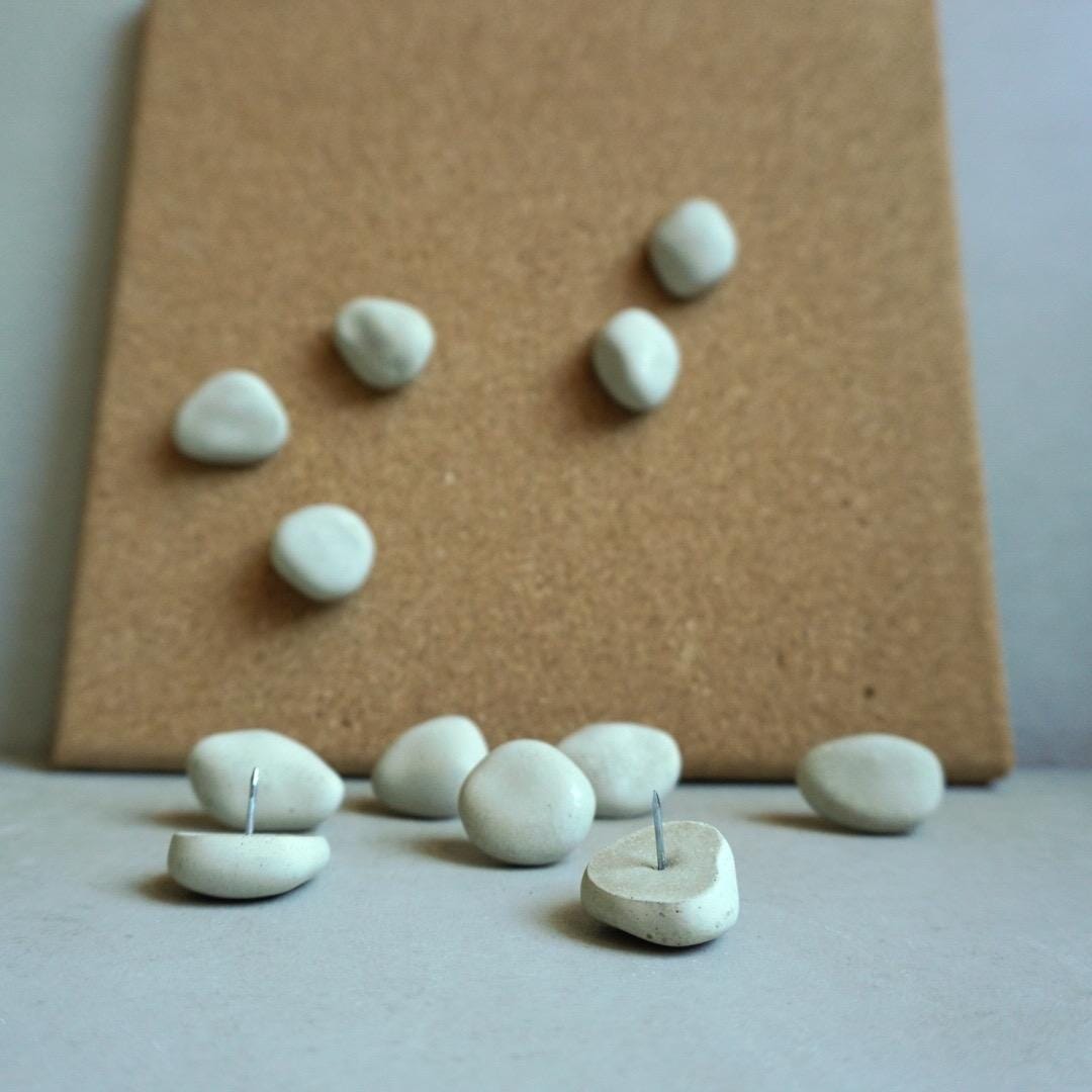 Pebble Concrete Push Pins | Minimalist Thumb Tacks for Cork Board, Neutral Office Decor, Rock Push Buttons, Organic Home Decor, Wabi Sabi